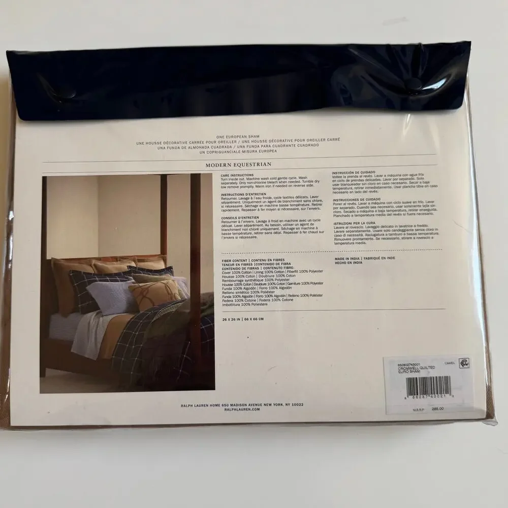 NWT Ralph Lauren Euro Pillow Sham Cromwell Quilted Camel Beige Horse Equestrian